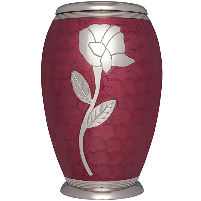 Funeral Urn by Liliane - Cremation Urn for Human or Pet Ashes - Hand Made in Brass & Hand Engraved - Display Urn at Home or in Niche at Columbarium -Talia Model (Red Enamel with Silver Flower,Adult)