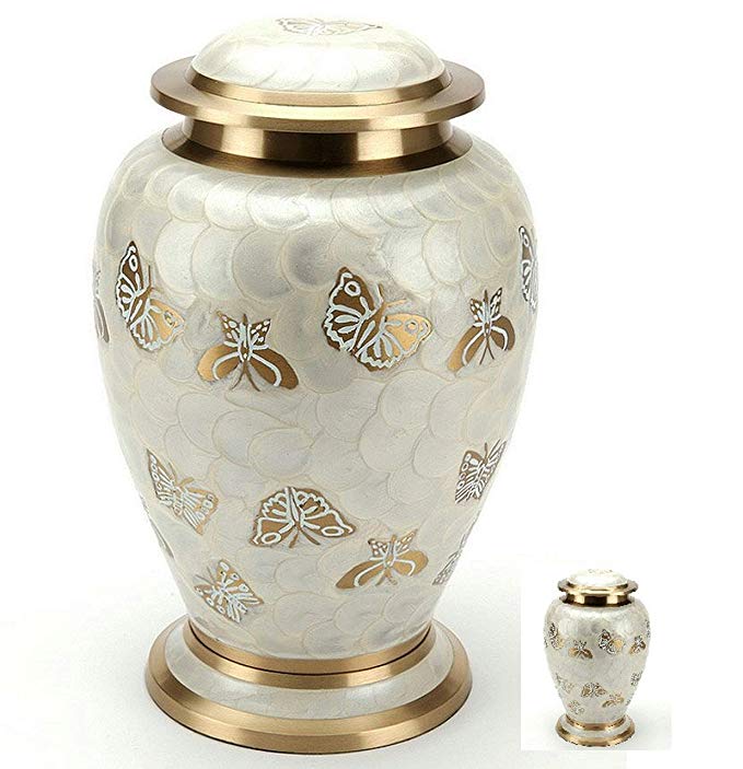 MEMORIALS 4U Golden Butterfly Cremation Urn Set for Human Ashes - Handcrafted Pearl Butterflies Adult Funeral Urn - Affordable Urn for Ashes - Large Urn Deal - Free Keepsake