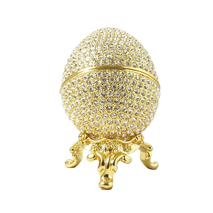 Faberge Style Egg Box 24k Gold Plated Swarovski Crystal Russian Figurine Trinket Jewelry Ring Holder Box