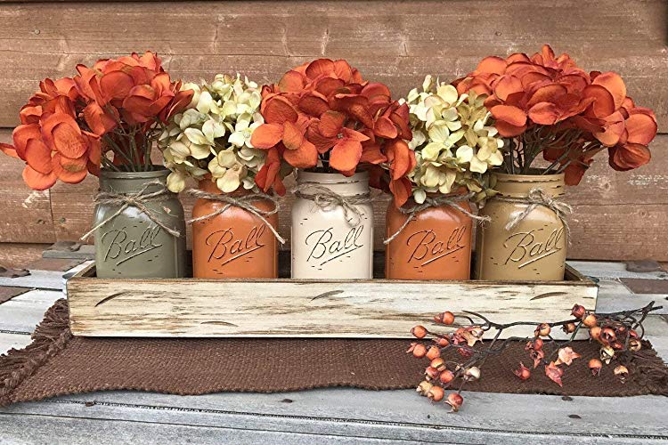 FALL Mason Canning JARS in Wood ANTIQUE WHITE Tray Thanksgiving Centerpiece with 5 Ball Pint Jar -Kitchen Table Decor -Distressed -Flowers (Optional)- Orange Tan Brown Green Yellow Painted Jars