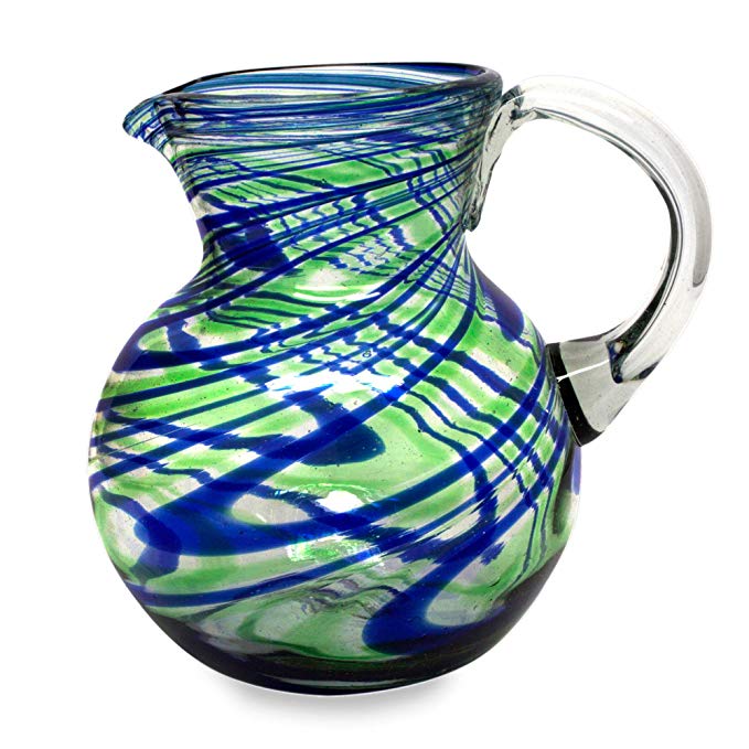 NOVICA Blue and Green Hand Blown Glass Pitcher, 84 oz, Elegant Energy'