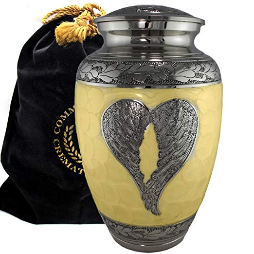 Sunshine Loving Angel Wings - Funeral, Burial, Niche or Columbarium Cremation Urn for Human Ashes - 100% Brass - Large, Sunshine Yellow