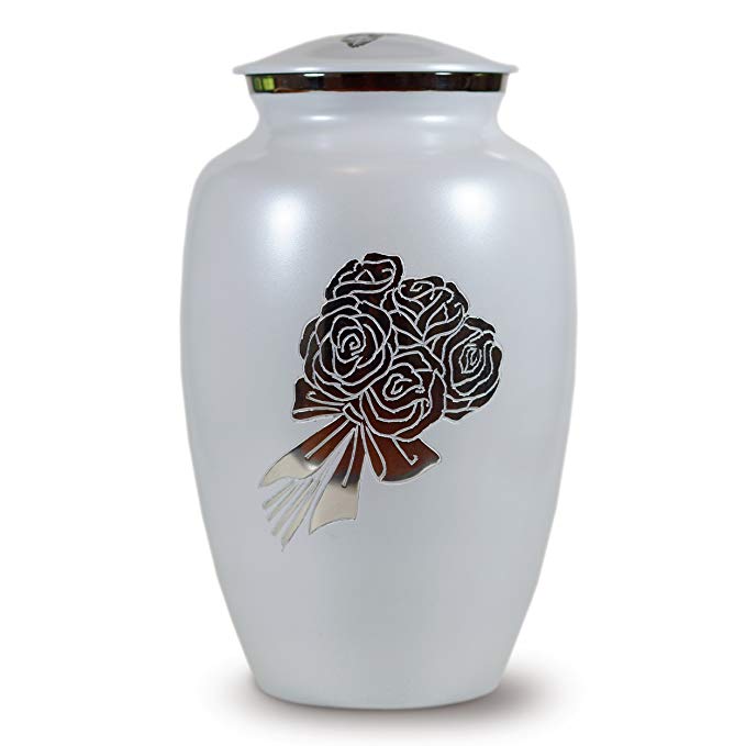 Classico Memorials - Cremation Funeral Urn for Human Ashes - White with Roses - Suitable for Burial (Bouquet)