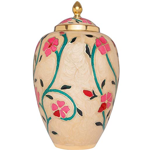 White Cremation Urn with Colorful Flowers - Funeral Urns Human Ashes - Brass Metal - Suitable for Cemetery Burial or Niche - Large Size fits remains of Adults up to 200 lbs - Fleur