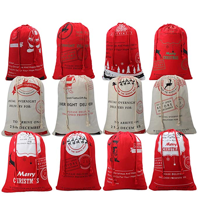 TOPULORS Christmas Sock Bag for Kids from Santa Claus Gift Bags Box Christmas Stocking Hold Xmas Present Sack Drawstring Bag with Christmas Design Mady by Environmental Canvas-12pack Random