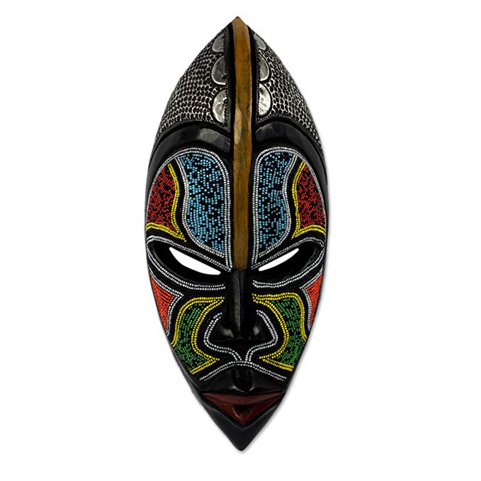 NOVICA Blue Yellow Red African Sese Wood Wall Mask with Aluminum Accents and Glass Beads, Bantu Zulu'