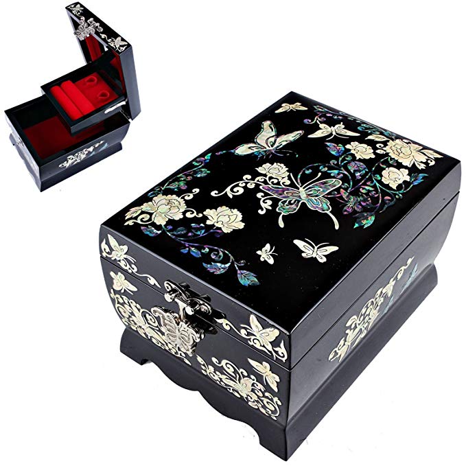 Jewelry Boxes Women Jewelry Organizer Gift Music Box Mother Of Pearl Butterfly Handcraft W1001 Black