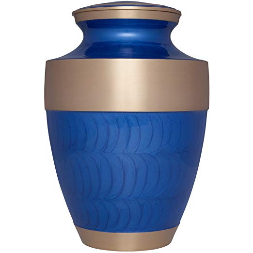 Funeral Urn by Liliane Memorials - Cremation Urn for Human Ashes - Hand Made in Brass - Suitable for Cemetery Burial or Niche - Large - Fits remains of Adults up to 200 lbs - Banda Model (Blue)
