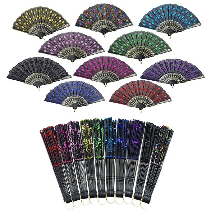 Peacock Folding Hand Held Fans Bulk for Women - Spanish / Chinese / Japanese Vintage Retro Fabric Fans for Wedding, Church, Party, Gifts 10 Pcs