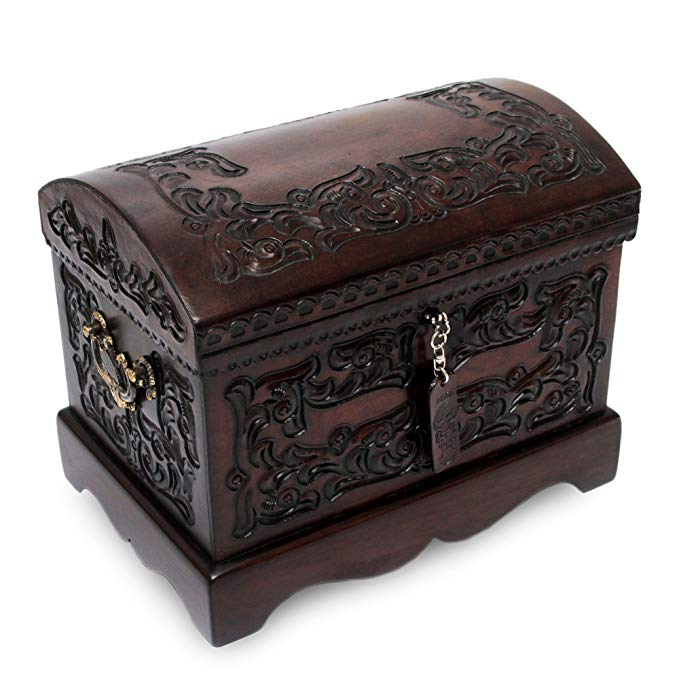 NOVICA Colonial Wood and Tooled Leather Jewelry Box, Brown 'Colonial Mystique'