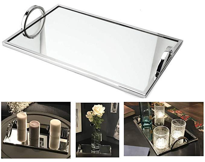 Elegant Silver Mirror Tray – With Chrome Edging and Handles – Rectangle Vanity Tray – Ideal For Ottoman, Coffee Table, Perfume Set, Living Room, Dining Room, Jewelry Tray, Whiskey Decanter Set 12 x 7