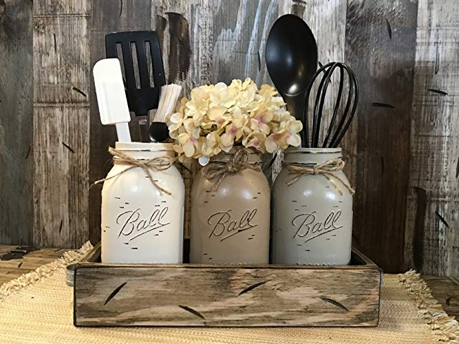 Mason Canning Jar Utensil Holder Kitchen Table Centerpiece 3 Hand Painted Ball QUART Jars in Distressed Wood Antique White Red Blue Tray handles -CREAM, COFFEE, THISTLE (pictured) Flowers (optional)