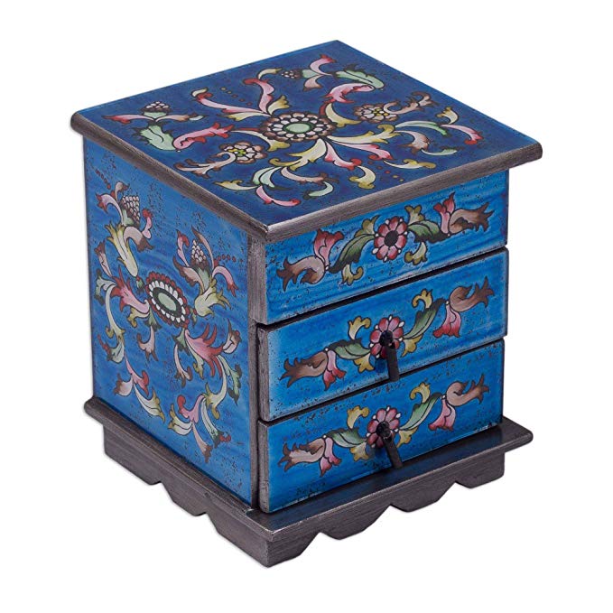 NOVICA Reverse Painted Glass and Wood Jewelry Box, Blue 'Celestial Blue'