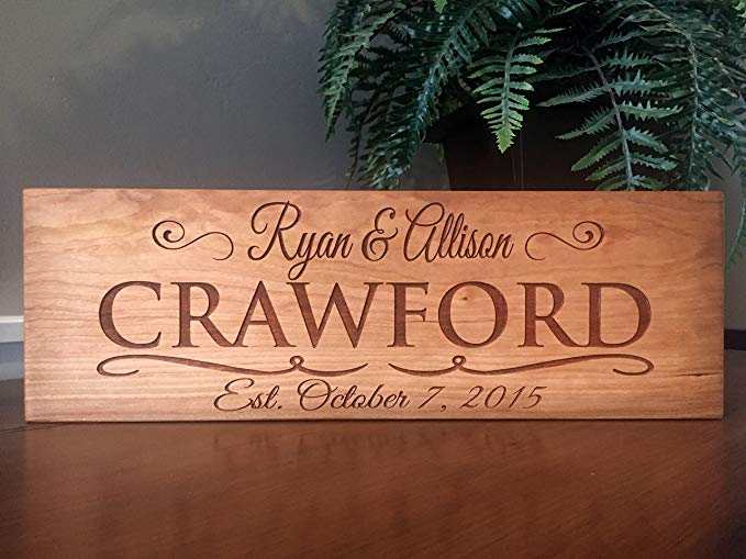 Qualtry Wedding Gifts for The Couple - Personalized Engraved Wedding Gifts Wooden Family Name Signs 5x15 (Cherry Wood, Crawford Design)