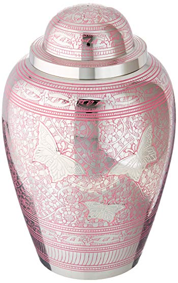 MEILINXU Cremation Urns Funeral Urns Human Ashes Adult Memorial -Hand Made in Brass & Hand Engraved - Display Burial Urn At Home in Niche at Columbarium (Pink Brilliant Butterflies, Large)