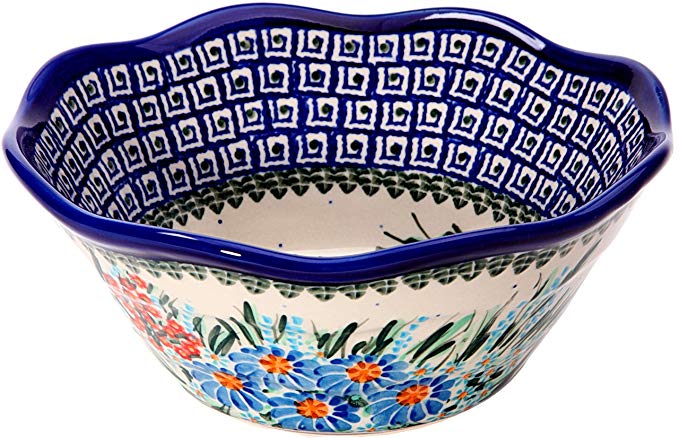 Polish Pottery Ceramika Boleslawiec 0423/169 Royal Blue Patterns with Blue Daisy and Orange Phlox Motif Bowl Viki 1, 3-1/4-Cup