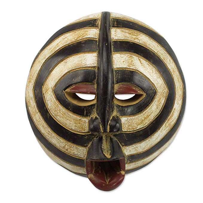 NOVICA Ghanaian Hand Carved Painted Black and White Sese Wood Wall Mask, Baluba Rings'