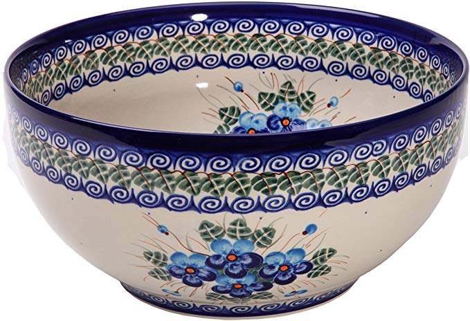 Polish Pottery Ceramika Boleslawiec, 0411/162, Bowl 23, 10 Cups, Royal Blue Patterns with Blue Pansy Flower Motif