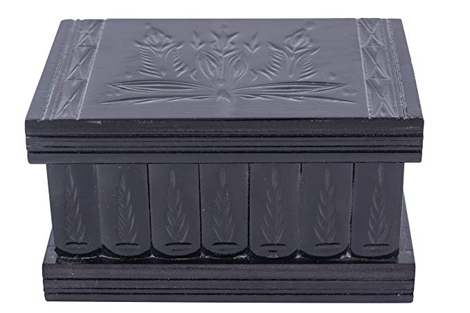 Kalotart Jewelry And Puzzle Box 2 In 1 - Handmade Wooden Case With Hidden Key And Removable Compartments - Beautiful Classical Wooden Carved Jewelry Puzzle Box By (All Black)