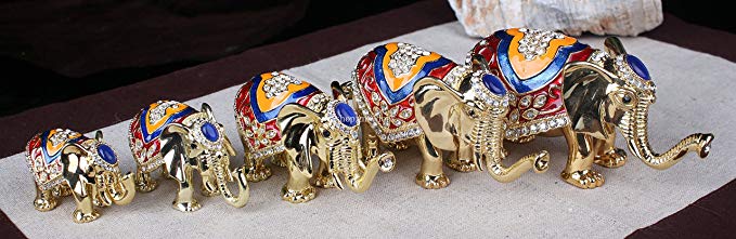 (Set of 5) Thailand Elephant Family Bejeweled Trinket Box (Gold)