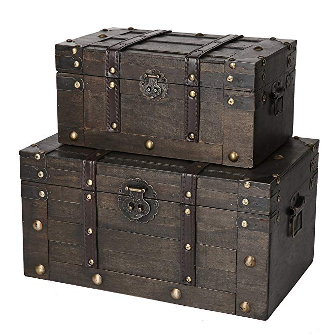 SLPR Alexander Wooden Trunk Chest with Straps (Set of 2, Rustic Brown) | Decorative Treasure Stash Box Old-Fashioned Antique Vintage Style for Birthday Parties Wedding Decoration