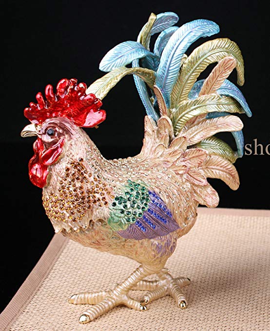 Bejeweled Rooster Chicken Statue Figurine Vintage Chicken / Rooster Trinket Jewelry Box (15x18.5CM)