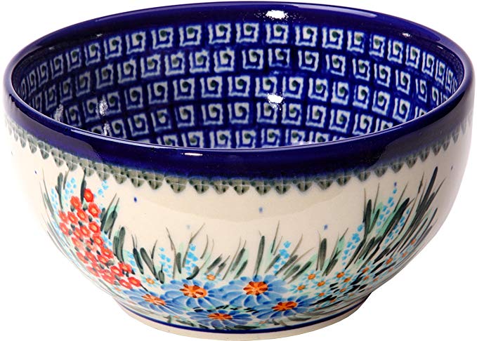 Polish Pottery Ceramika Boleslawiec 0410/169 Royal Blue Patterns with Blue Daisy and Orange Phlox Motif Bowl 19, 5-1/4-Cup