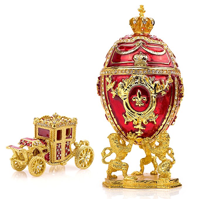 Unique, Decorative Red Faberge Egg: Extra Large 6.6”, Hand Painted Jewelry Box for the Ultimate Home Décor | Comes With Gift Faberge Carriage | Store Your Rings, Earrings & Jewelry in Style